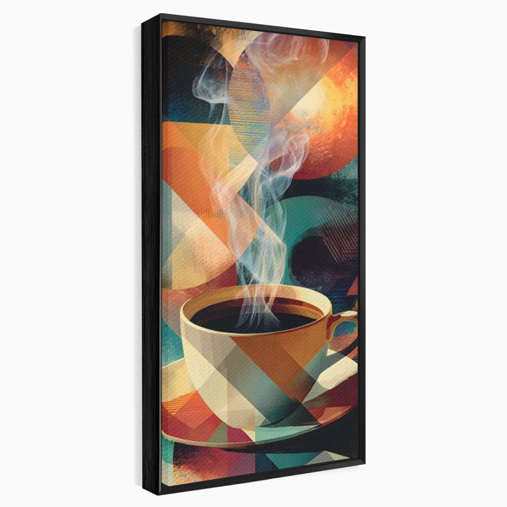Tablou canvas cu ilustratie abstracta cu ceasca de cafea, in rama de aluminiu negru
